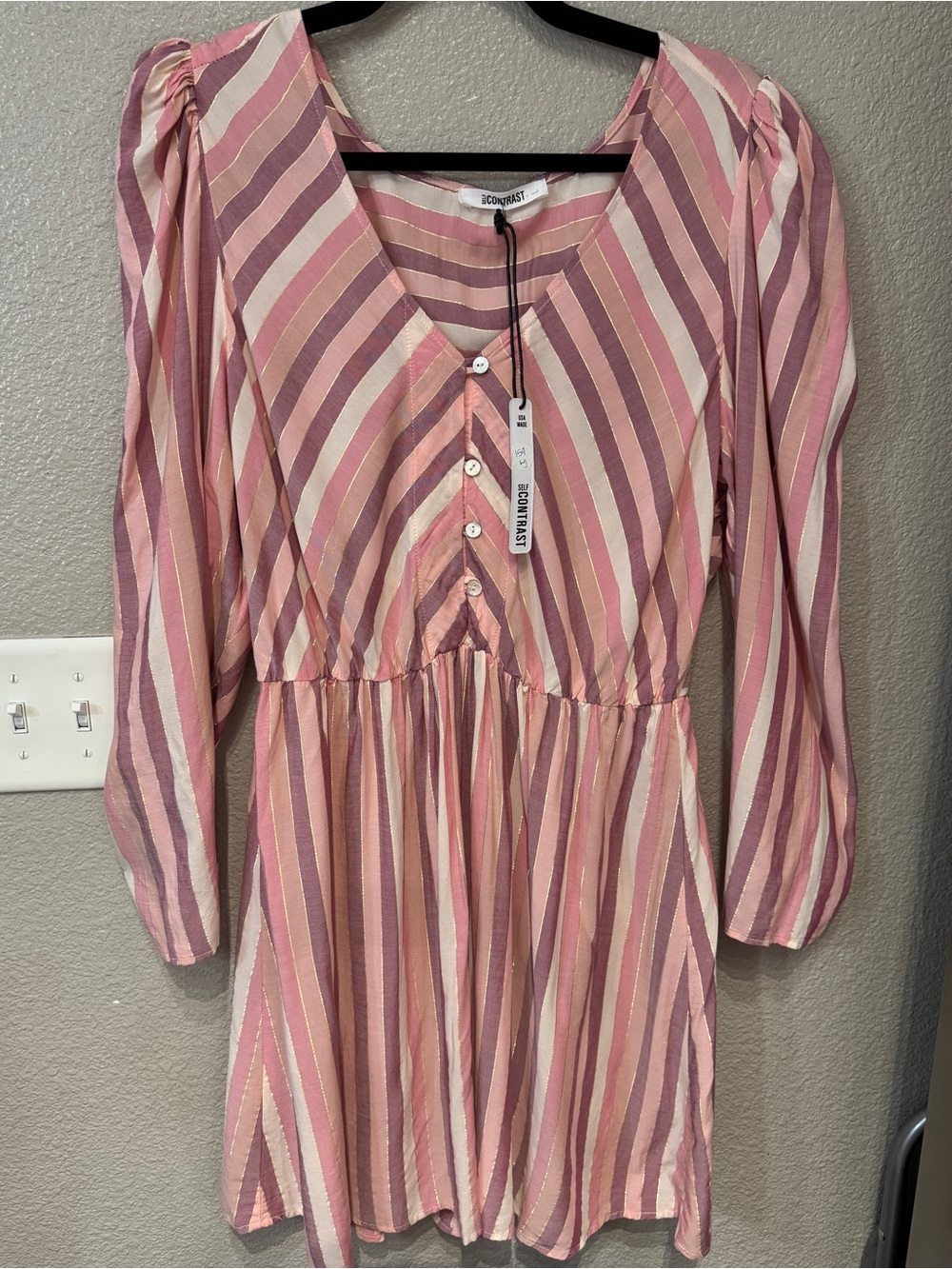 Self Contrast Isabella Puff Sleeve Mini Dress Pink Metallic Stripe NWT